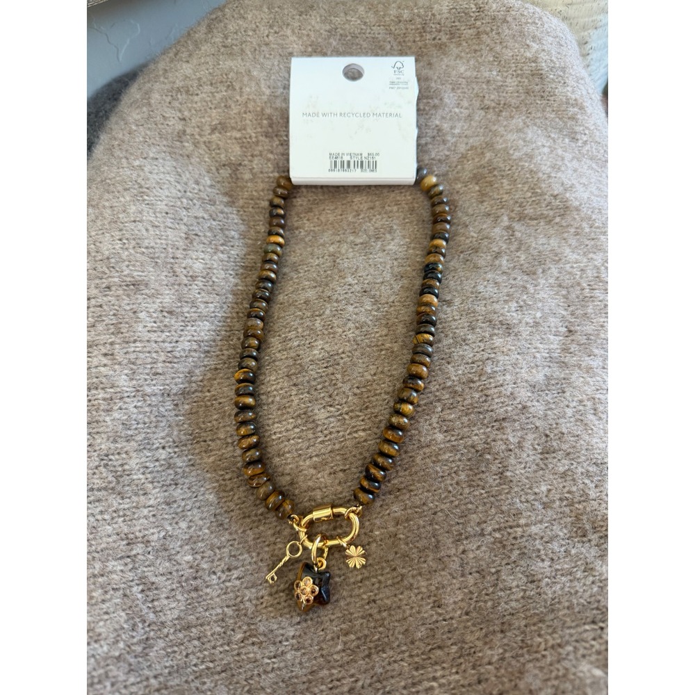 Madewell Tigers Eye Semiprecious Stone Charm Necklace Star Key Gold Tone NZ151